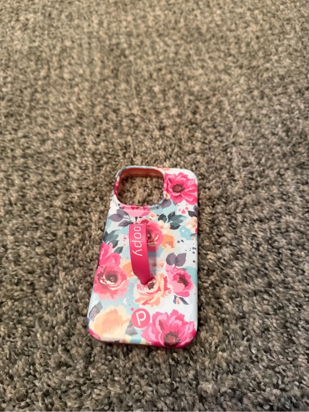 iPhone 14 Pro Loopy Case Floral Pink and Teal Phone Case with Loop Grip